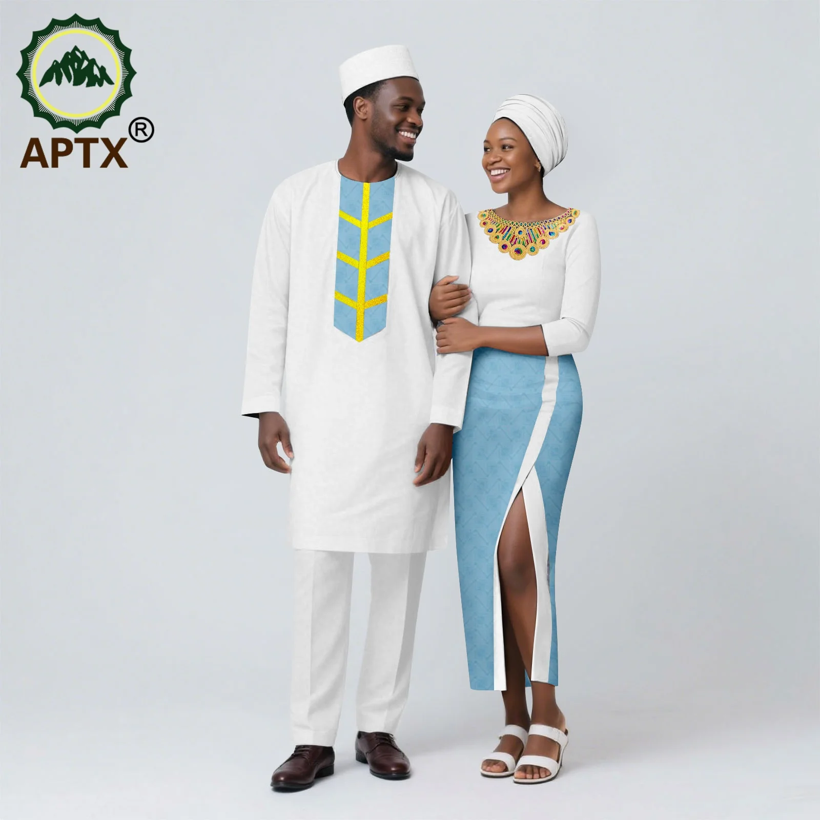 African Couple Suits Men's Agbada Women's Dress Set with Gilded Lace Matching Robe for Wedding Evening And Daily Wear 25C081