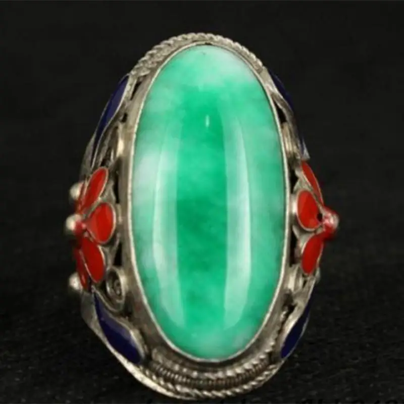 

Superb Old Handwork Natural Green Jade Tibet Silver Enamel Flower Adjust Ring