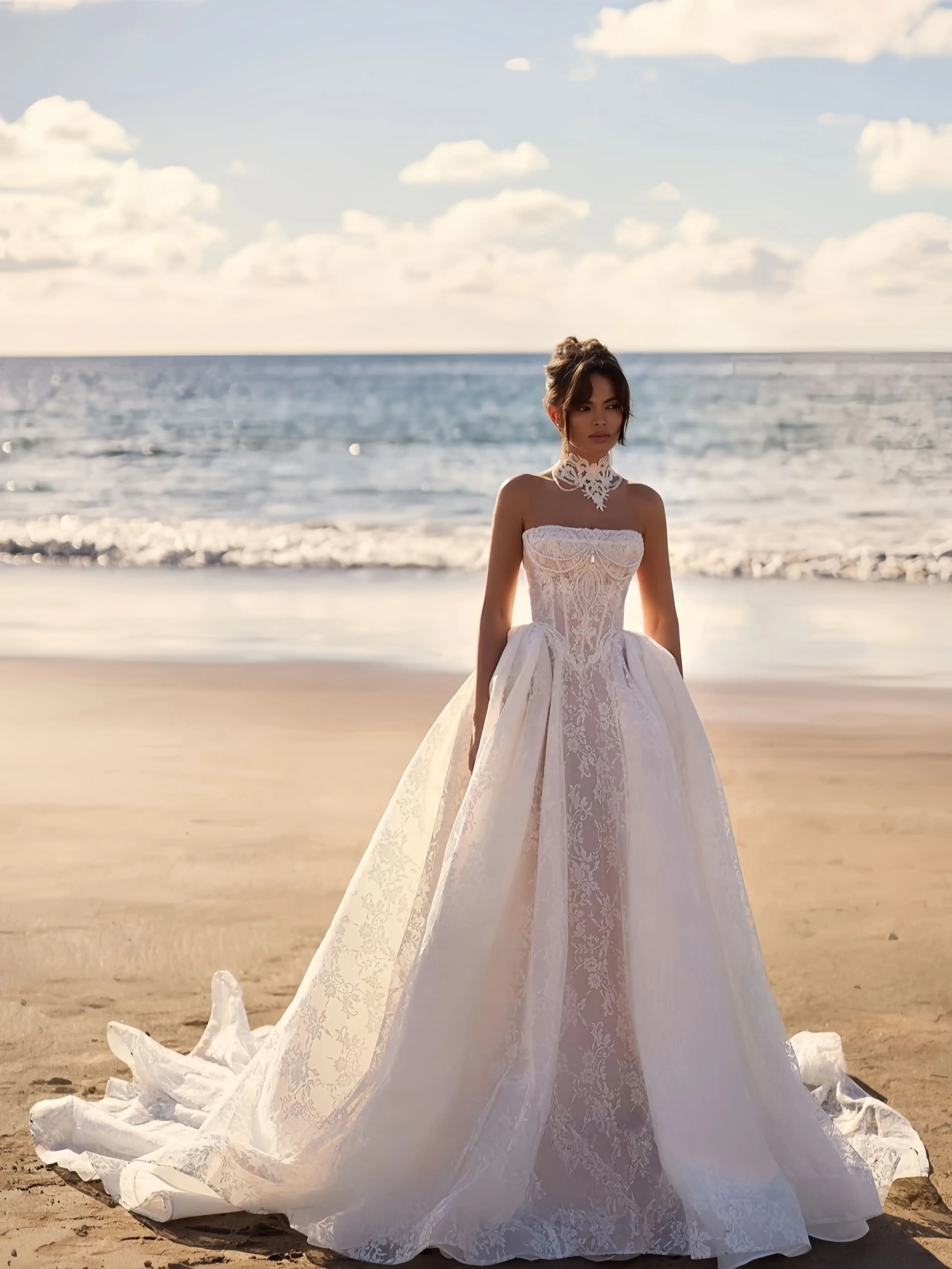 

Detachable Neck Ornaments Strapless Neck Beads Pearls Appliques Lace Princess A-Line Bridal Wedding Dress Vestidos De Novia