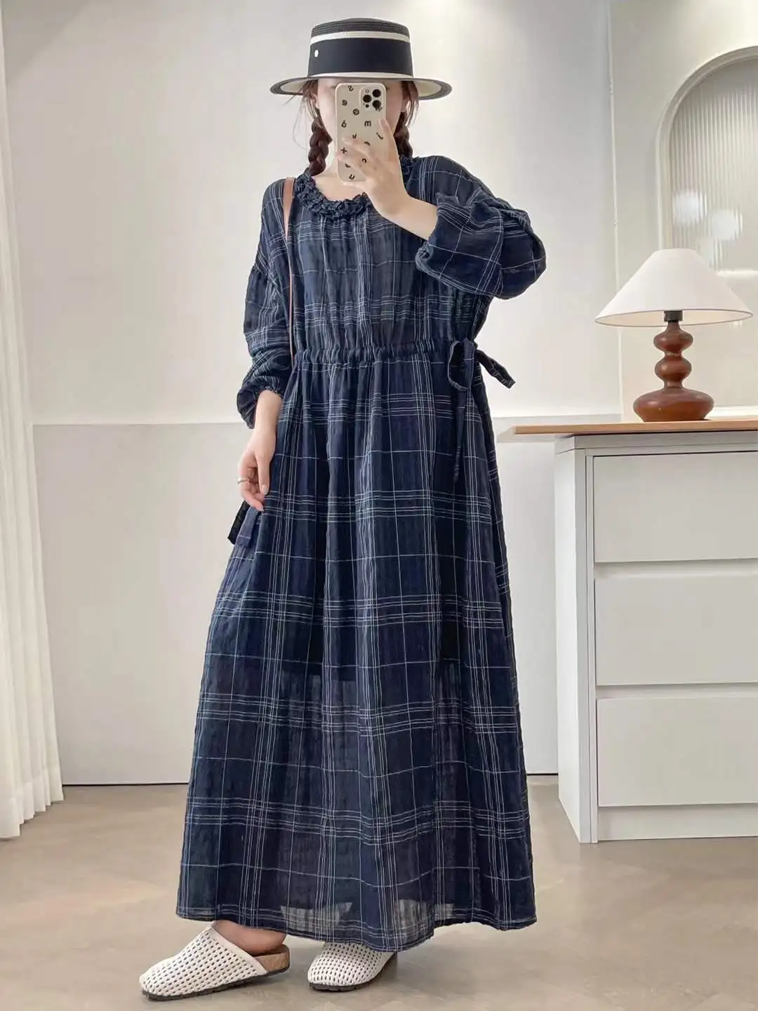 [즉시 배송] 고품질 여성용 100% 면 블라우스 셔츠 체크무늬 드레스 루즈핏 대형 사이즈 긴팔 여성용 롱 드레스