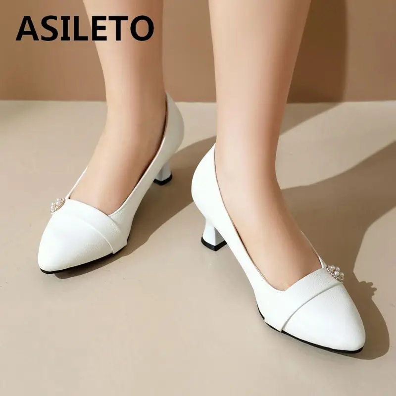 ASILETO Brand Office Ladies Pumps Pointed Toe Small Heels 5.5cm Slip On Shallow Plus Size 48 49 50 Damskie buty codzienne