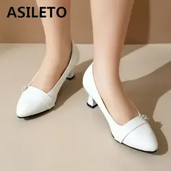 ASILETO Brand Office Ladies Pumps Pointed Toe Small Heels 5.5cm Slip On Shallow Plus Size 48 49 50 Women Daily Shoes