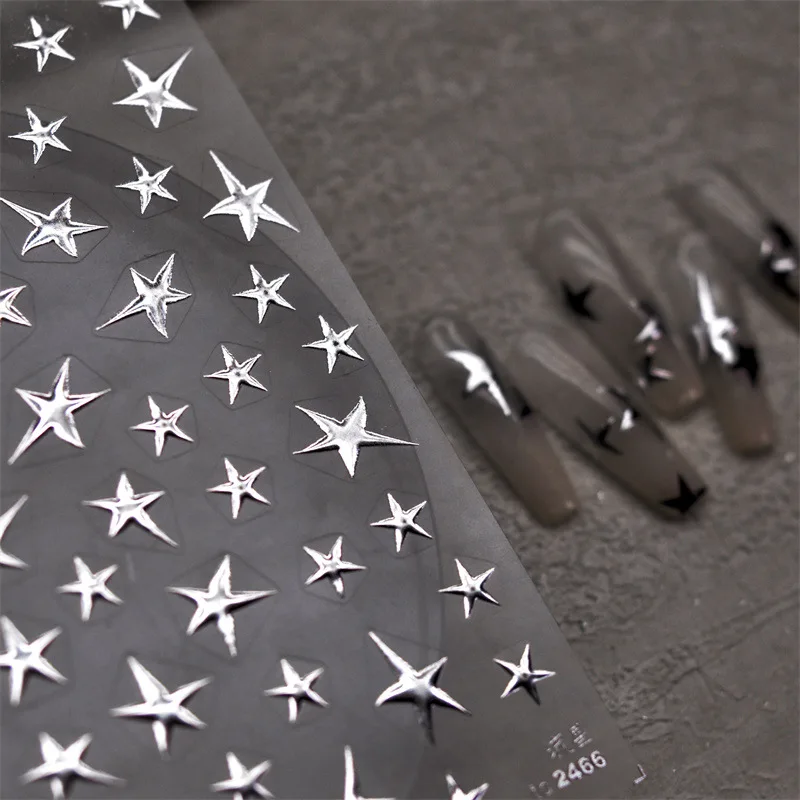 Y2K Stars Mirror Metallic Silver Bronzing Nail Stickers Laser Star Decal DIY Self-Adhesive Manicure Decoration Charm Accessories