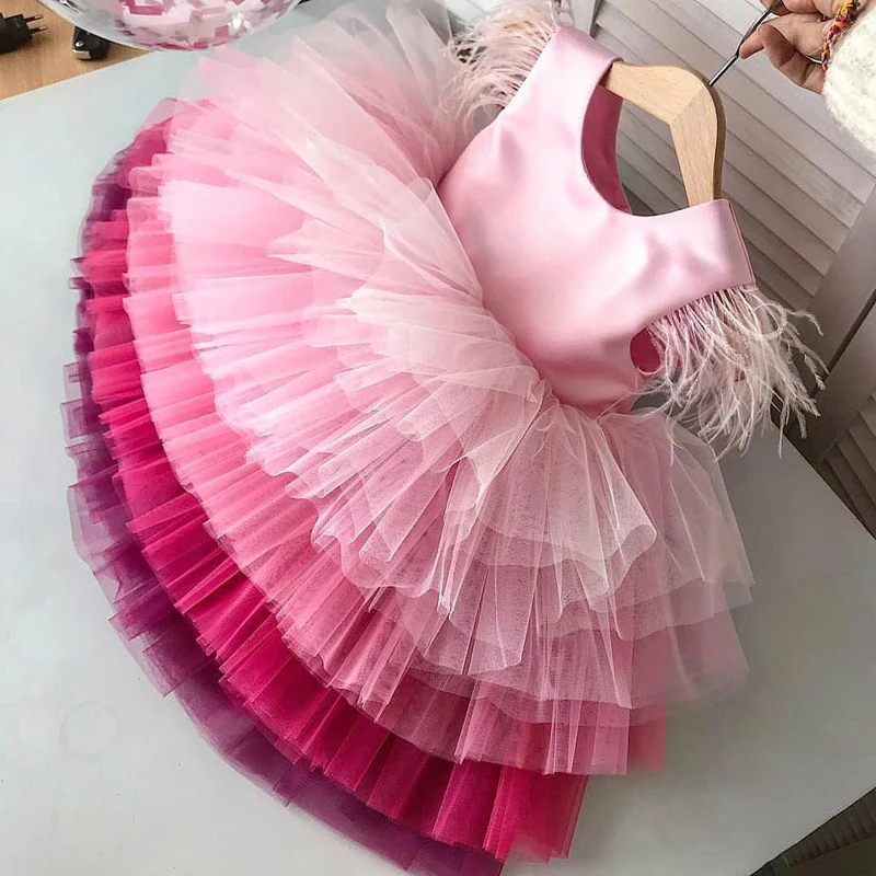 Classic Girl\'s Blue Pink Tiered Tulle Princess Birthday Party Dress with Feather for 1, 2, 3, 4, 5, 6,7,8,9,10,11,12Y Kids