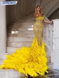 Exquisite Feathers Mermaid Prom Gown Glitter Bead Crystal Cocktail Dresses Sexy Illusion Evening Dress Customized Robe De Mariée