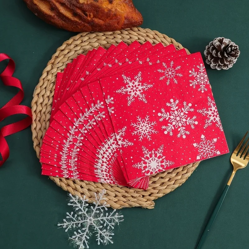 

20 шт., 33 см, 2 слоя, новые рождественские салфетки с элементами, большие красные одноразовые бумажные коврики со снежинками, коврик для еды, сделай сам, бумага для декупажа