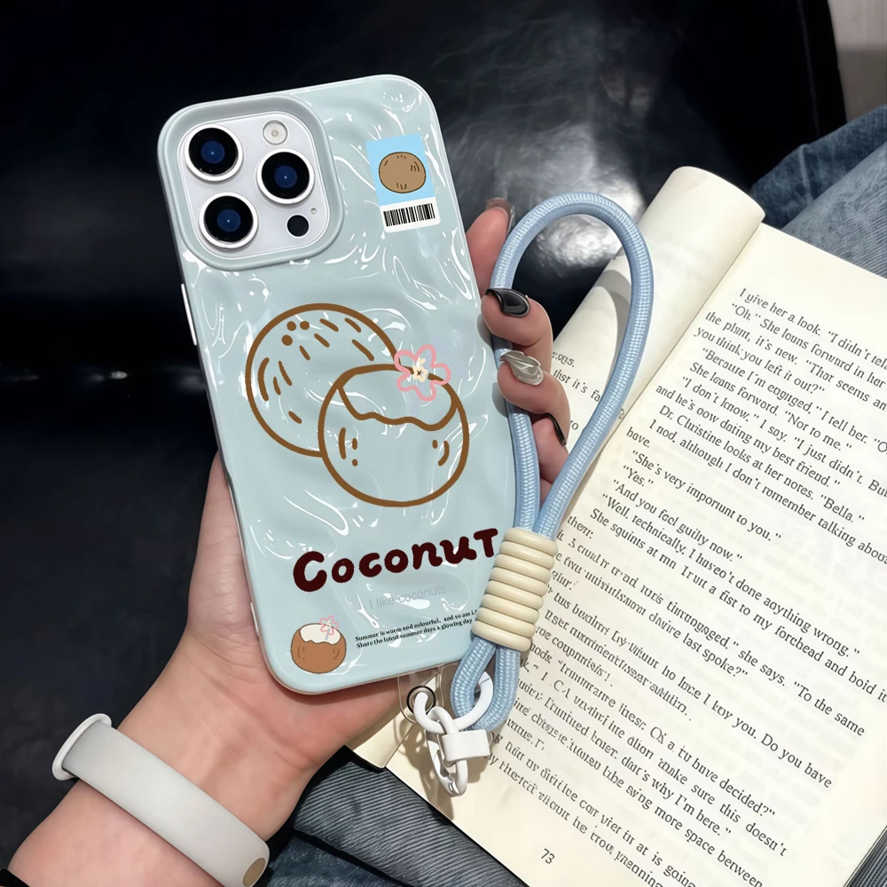 Niedliche Handyhülle mit Kokosnussmuster aus Falten-Silikon für iPhone 17 15 13 11 12 14 16 17 Pro Max 15 Plus Air mit Lanyard INS Cover – Detail 1