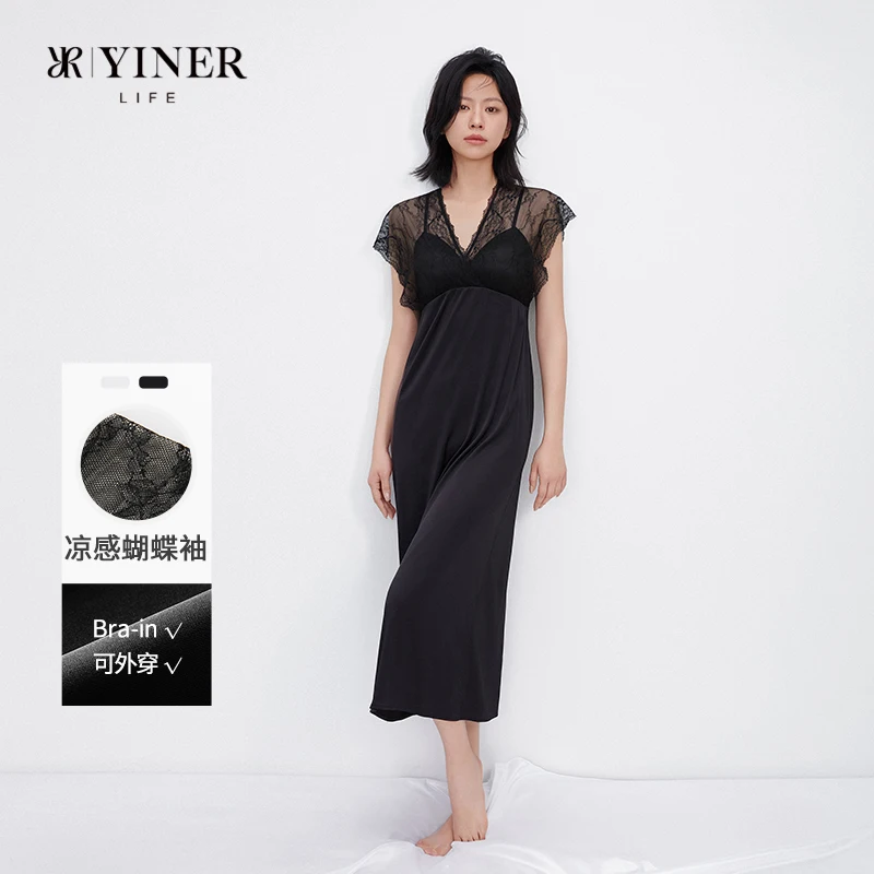 Women's lace nightgown with built-in bra pads, one-piece mid-length breathable pajama dress