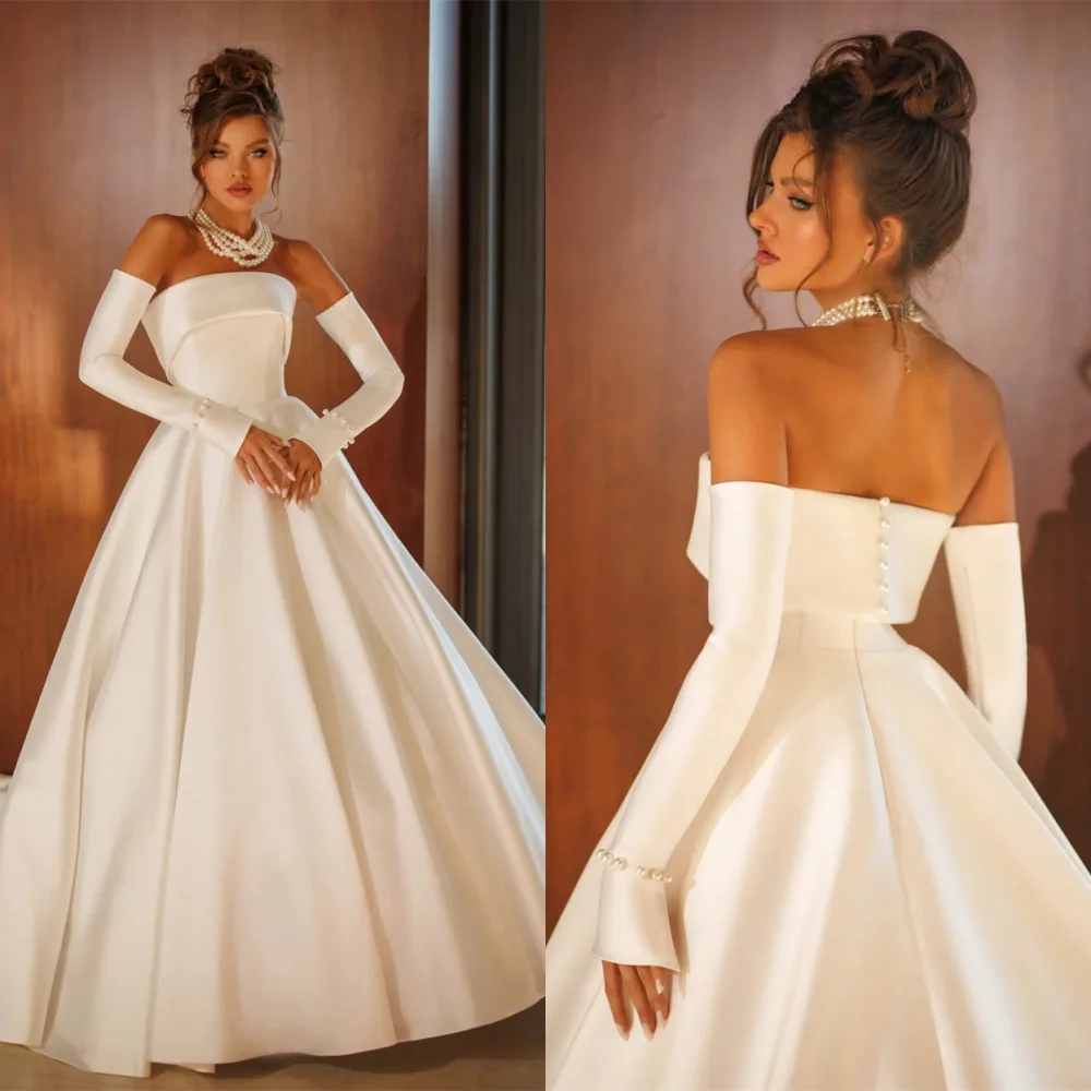 

Customized Exquisite White Satin Wedding Dress High Quality Strapless Detachable Detachable Sleeve Chapel Train Bridal Gowns