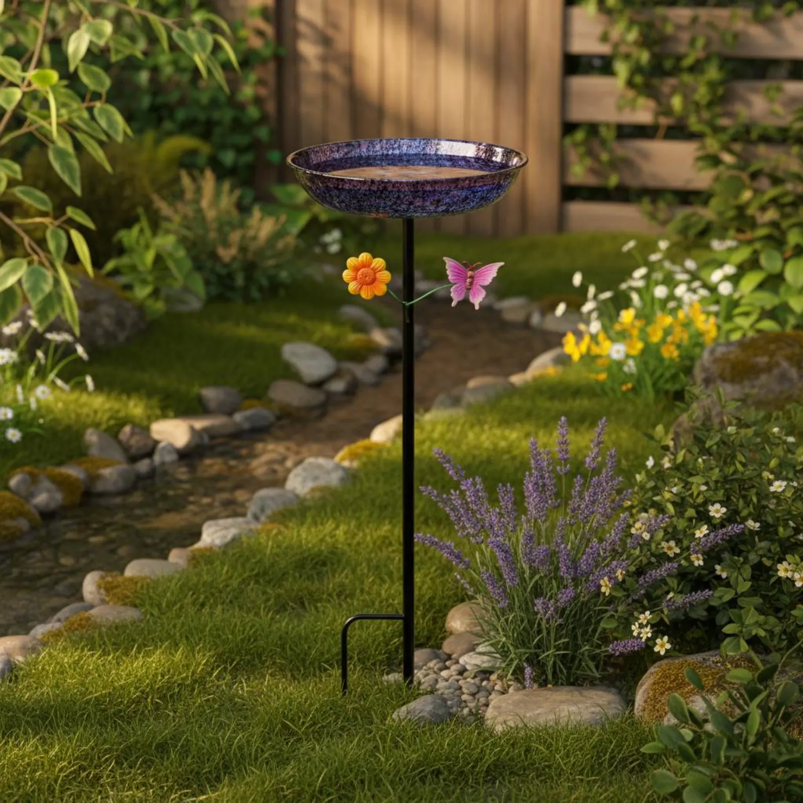 Metal Bird Bath Long-Lasting Round Bird Bath Basin Garden Decor Elegant Solar Fountain Compatible for Yard view 2