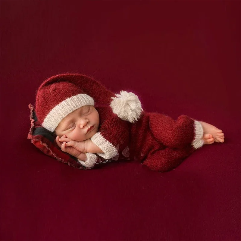 Newborn Photography Fotografie Outfit Props Soft Crochet Mohair Christmas Theme Hat+Jumpsuit Pants Baby Photo Shooting Clothing