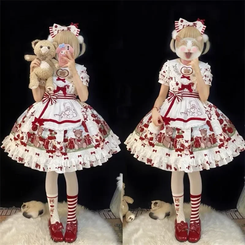 Erdbeere Lolita JSK Op Kleine Schürze Sommer Mädchen Erdbeere Süße Blume Hochzeit Kleid Täglichen Tragen Outfit Op Kawaii Vestido RZ89