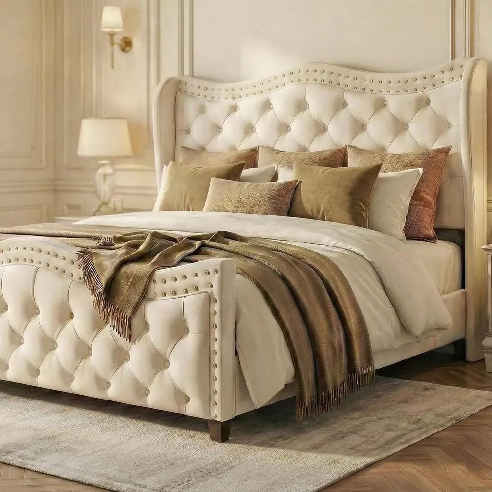 

Elegant Cream Velvet Wingback Bed with High Tufted Backrest, No Box Spring Needed, Easy Assembly
