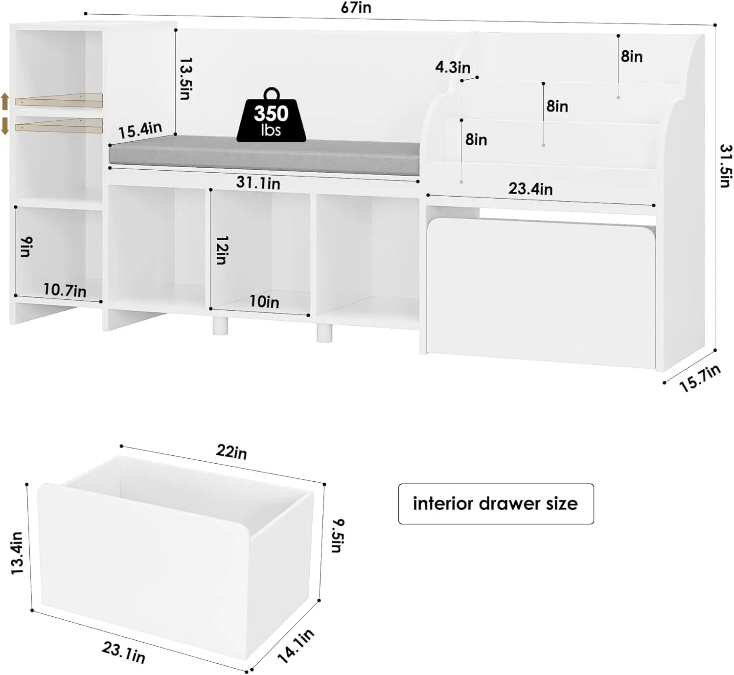 Kids Reading Nook with Bench, Kids Bookshelf and Bookcase with Seat Cushion and 6 Storage Cubbies, Toy Storage Box on Wheels