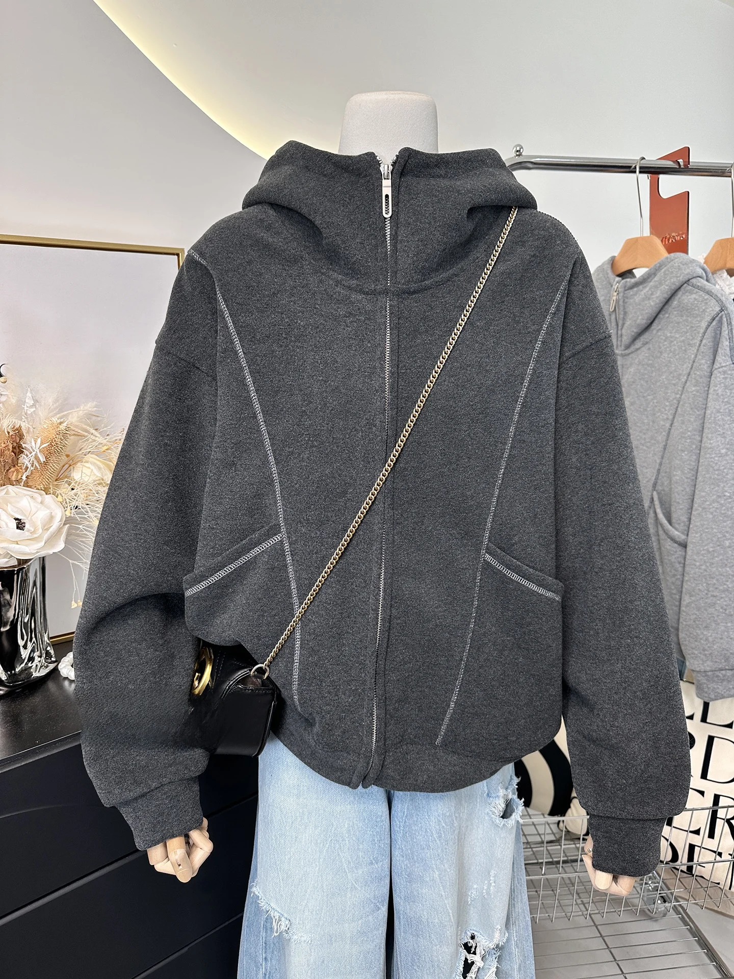 

plus Size Women's Fleece Lined Thickened Hooded Open Cardigan Coat Warm Casual Style Long Sleeve Shape Fit Winter Jacket