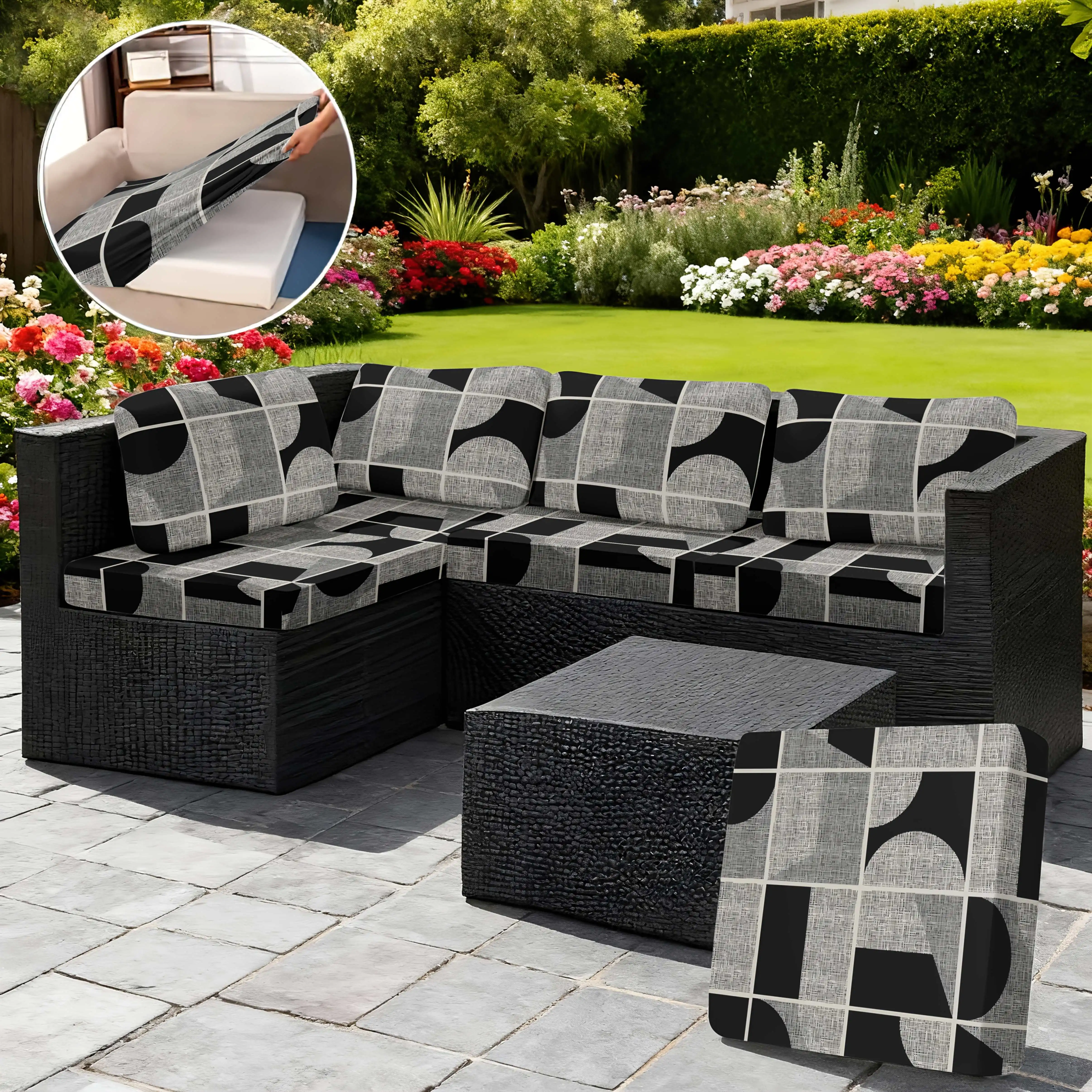 

6/8pcs Abstract black and gray geometry outdoor sofa cushion cover, garden set sofa cover, suitable for gardens