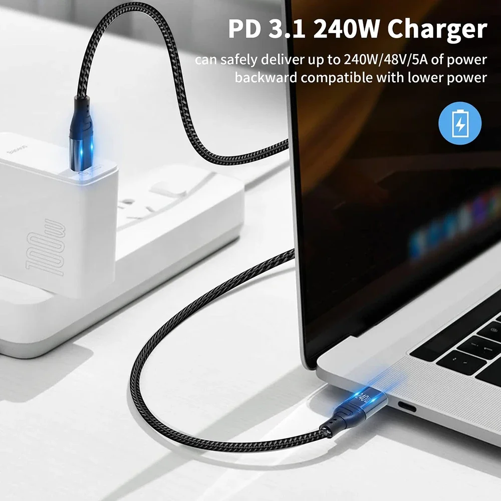 USB C Charger Cable 90 Degree Right Angle Type-C to C PD 3.1 240W Fast Charging Braid Cord for Laptop PC Tablet Phone Switch