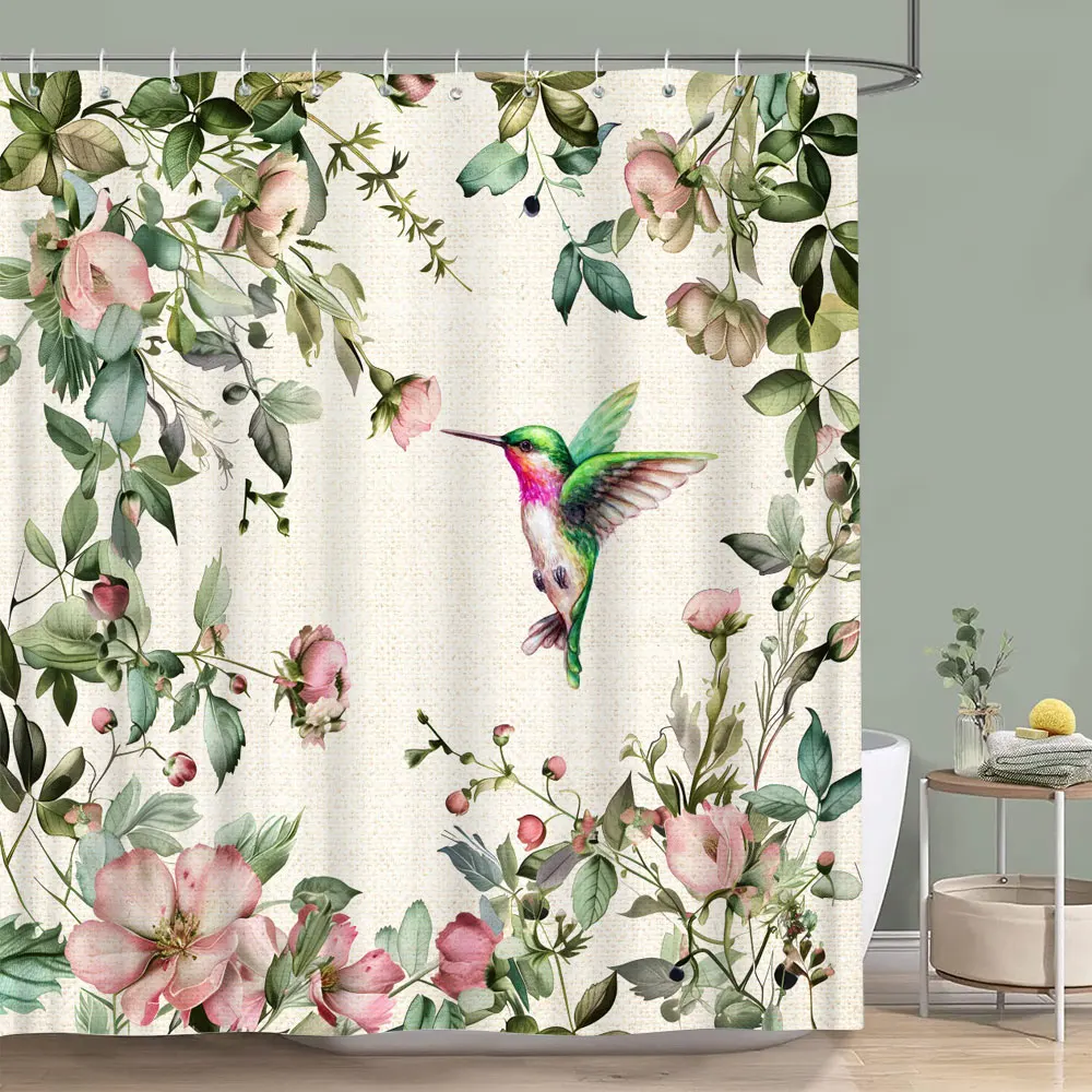 Bird Flower Shower Curtain Dahlia Eucalyptus Leaves Greenery Colourful Printed Polyester Waterproof Bath Curtains Bathroom Decor