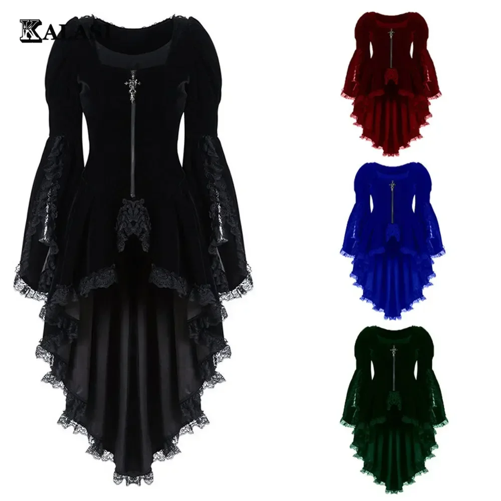 Women Gothic Long Sleeve Cross Irregular Velvet Tuxedo Dresses Lace Hem Medieval Ladies Witch Dress Lolita Cosplay Costume