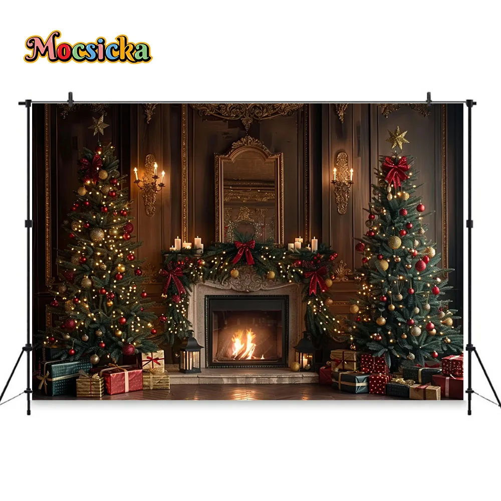 Christmas Room Photography Background Retro Fireplace Garland Xmas Tree Backdrop Winter Kids Holiday Gift Photobooth Studio Prop