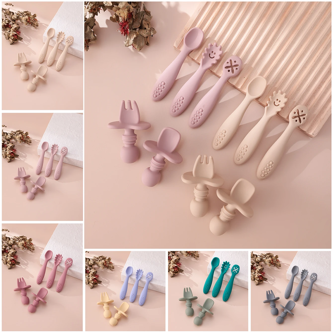

Color Kids 5PCS Cute Baby Learning Spoon Set Toddler Feeding Utensils Silicone Teether Training Cutlery BPA Free Tableware