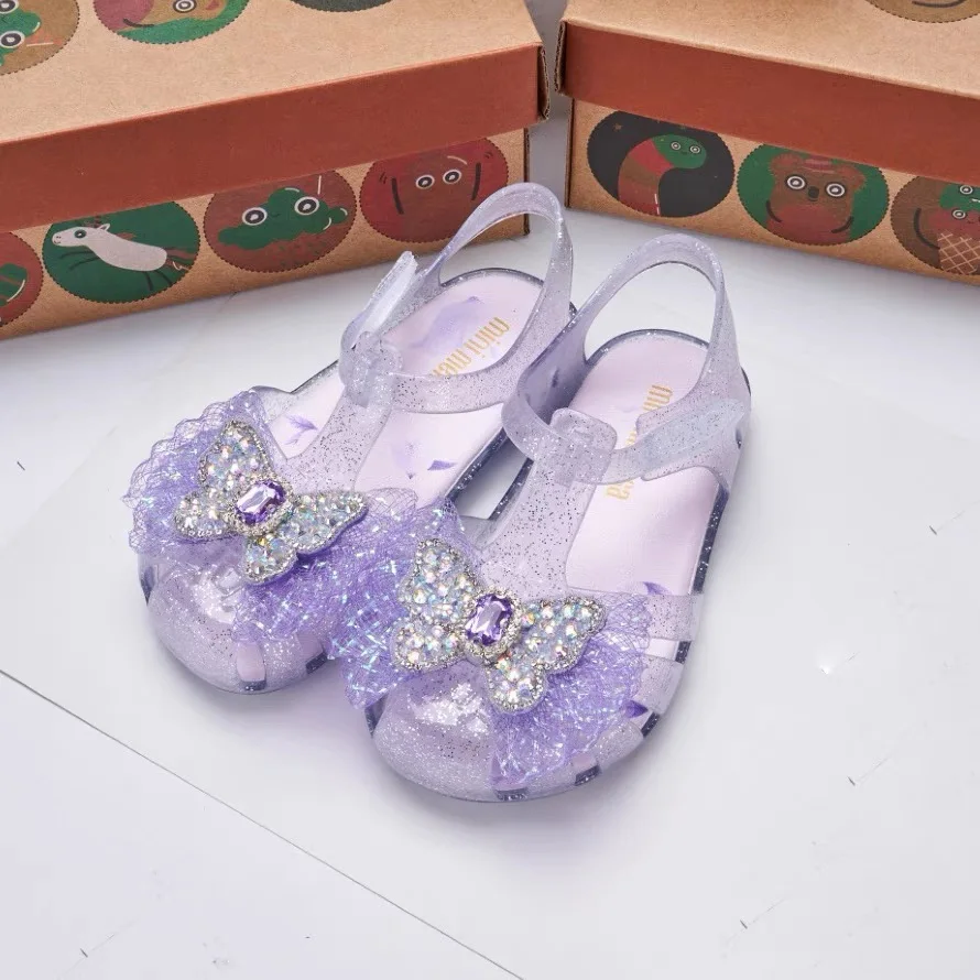 Mini Melissa Girls Sandals Kid Summer Sweet Rhinestone Party Princess Beach Shoes Cute Bowknot Soft Sole Flat Sandals сандалии