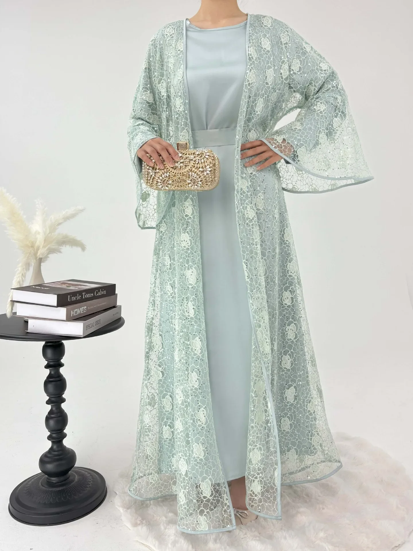 

Two-piece Clothes Set Lace Middle East Muslim Women Loose Long Dress & Open Cardigan Solid Color Abaya Robe