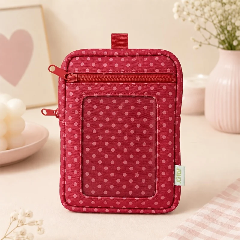 Red Polka Dot Coin Purse Retro Style Canvas Fabric Clear Window Pouch Lightweight Washable Photo Display Bag Commute