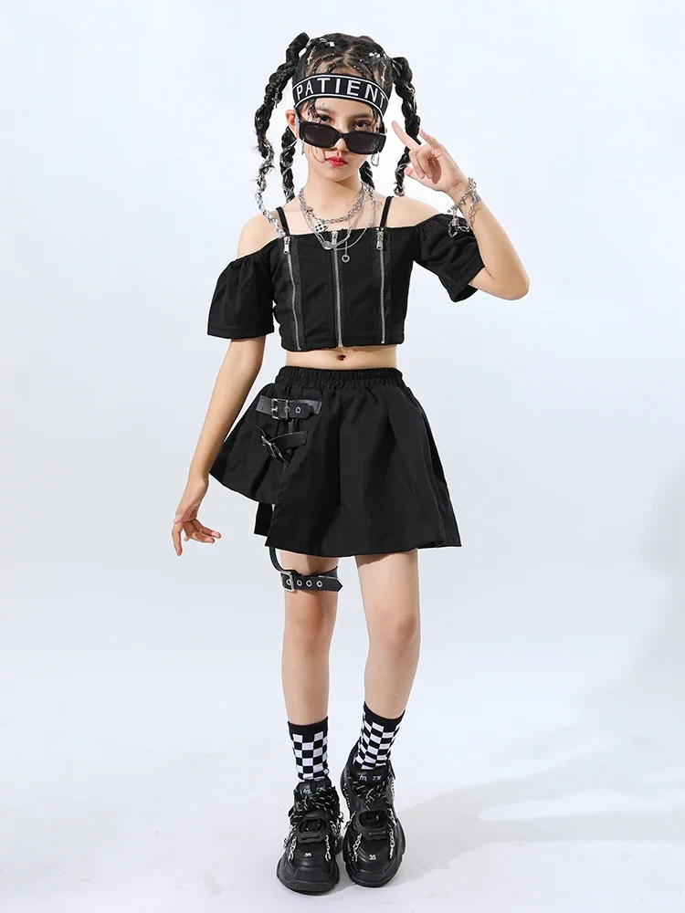 Kids Hip Hop Clothing Black Crop T Shirt Pleated Skirt for Girls Jazz Dance Costume Sets Children Streetwear Outfits 8 10 12 14Y