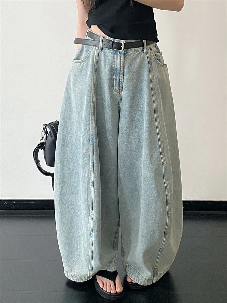 

plus Size Women's Vintage Washed Denim Wide Leg Pants Casual Floor Length Loose Fit Trousers Summer Cotton Polyester Blend