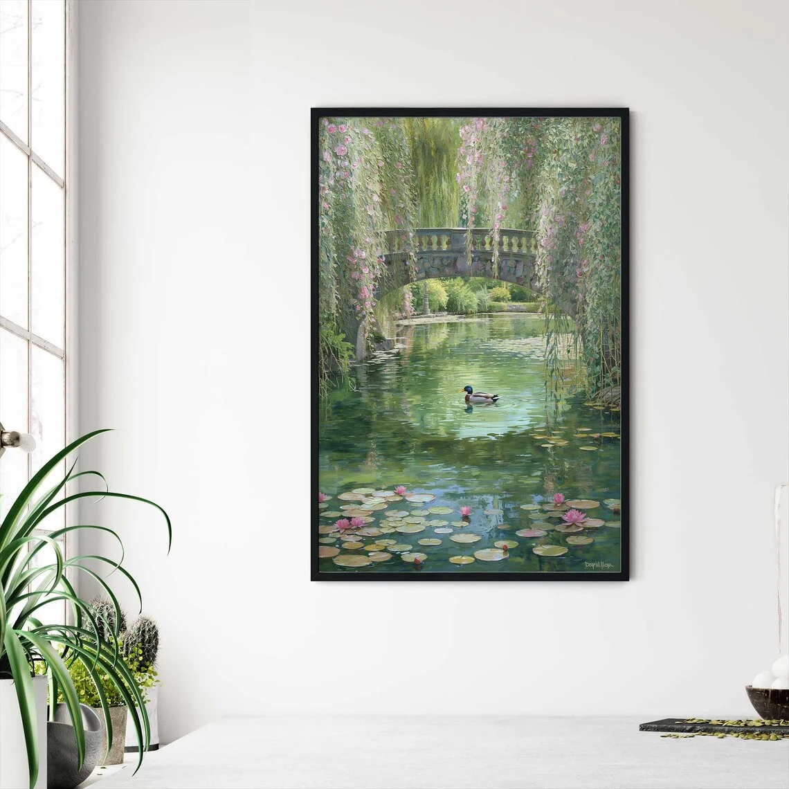 1PC frameless decorative art print,Serene Garden Pond Wall Print Decor - Realistic Painting of a Mallard Duck Swimming Among Pin