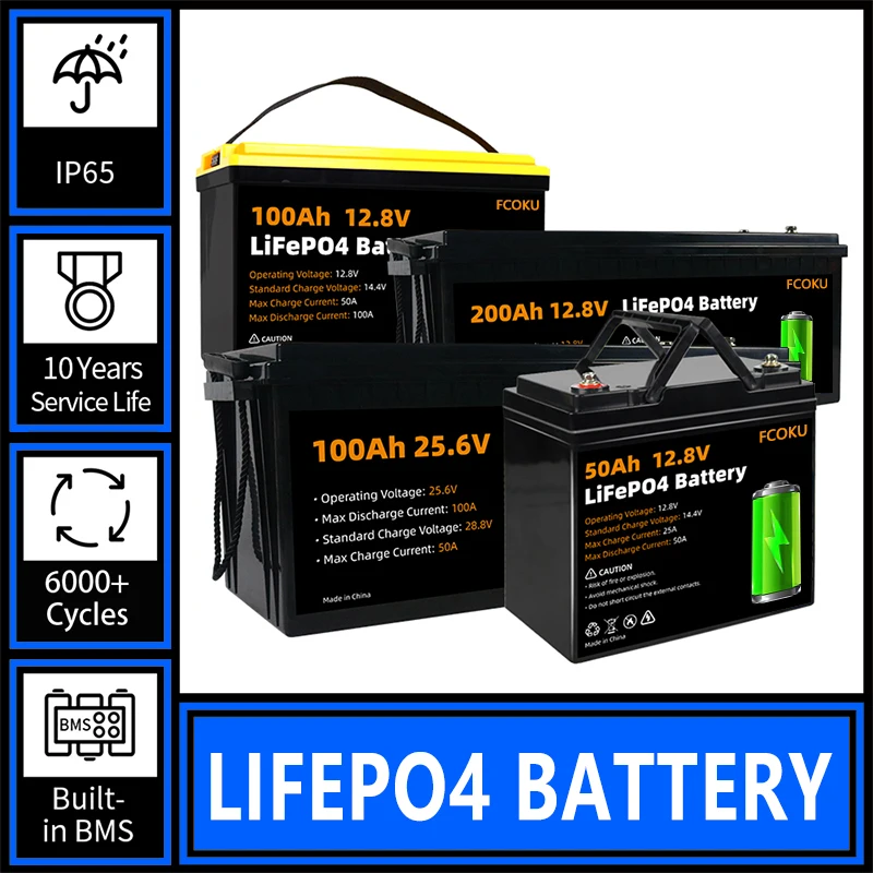 

New 12V 24V 50Ah 100Ah 200Ah LiFePo4 Battery Pack,for 12.8V RV Boats Motor Forklift Rechargeable Battery Built-in BMS