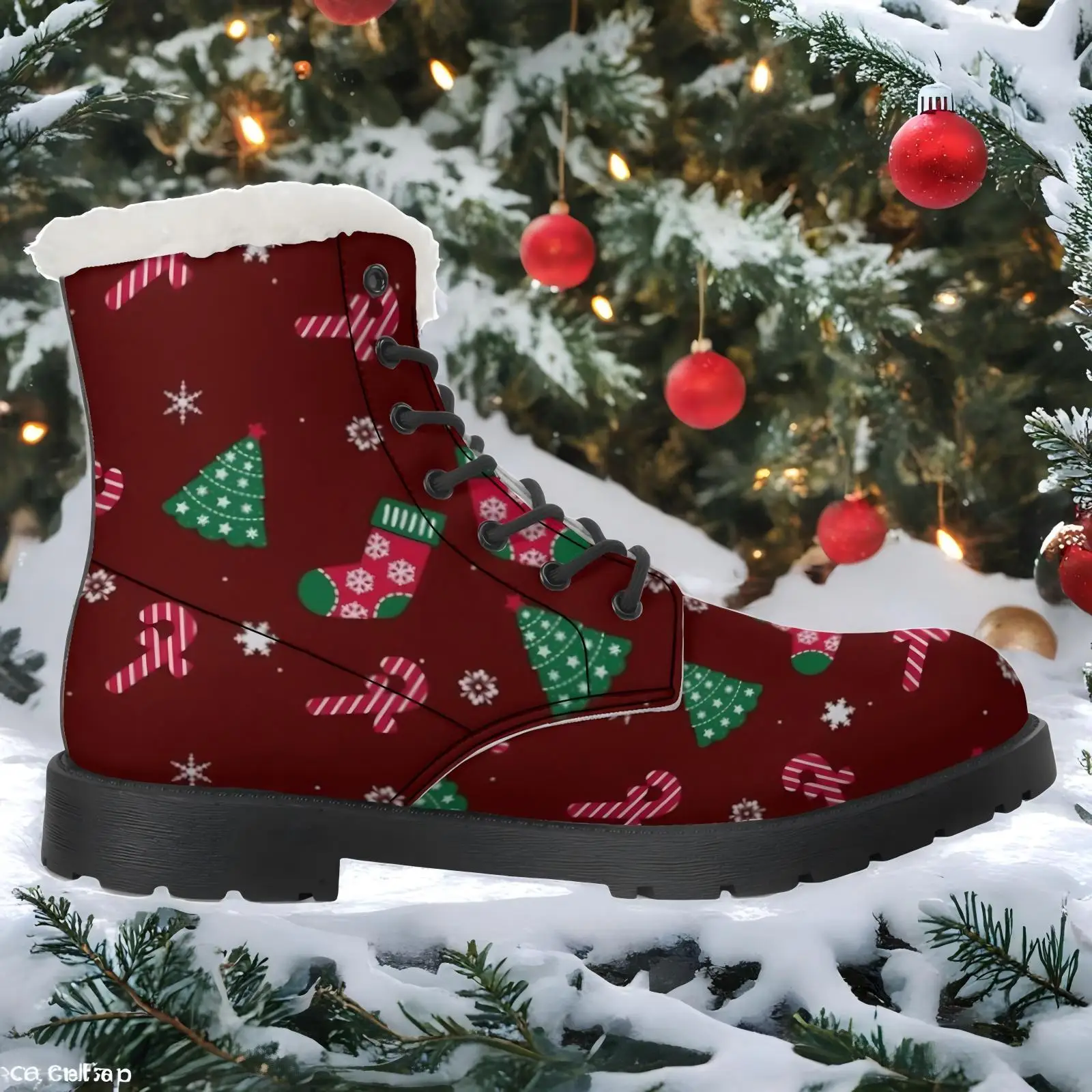 Christmas elements red printed plush boots casual boots mid-calf boots fashionable classic versatile autumn and winter boots