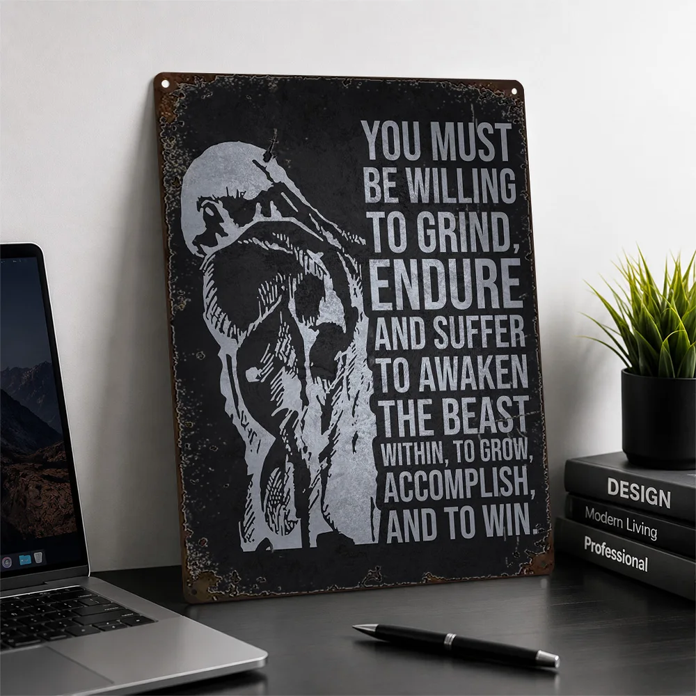 Endure Warrior Helmet Quote Textured Metal Poster Bold Graphic Wall Art For Training Studio Customized Aluminum Sign Coach Gift