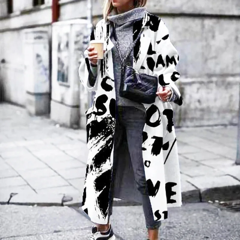 

2024 European and American printed street hipster loose cotton beltless crew neck women's woolen jacket