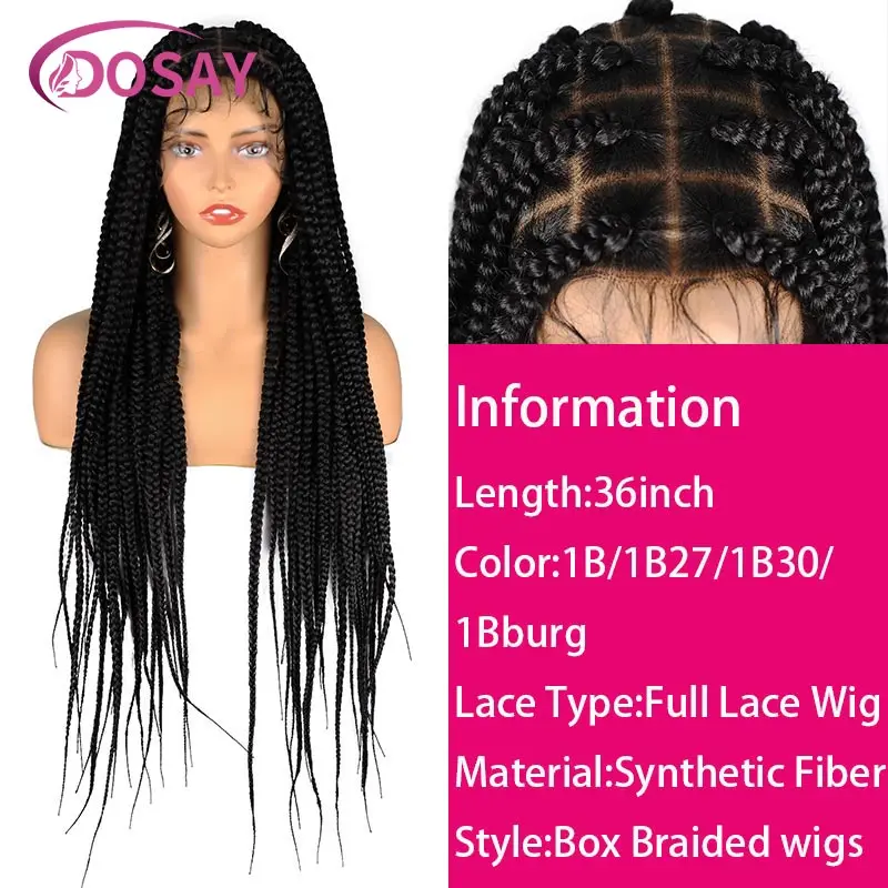 Synthetic Full Lace Front Large Square Braided Wigs Knotless Box Braided Wig 36Inch Lace Frontal Braiding Wig For Black Women