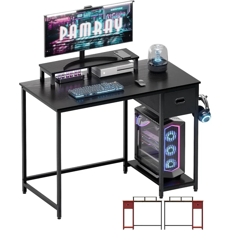 

39 Inch Computer Desk with Monitor Stand Small Home Office Desks with Non-Woven Storage Drawer for Bedroom Study Table Writing