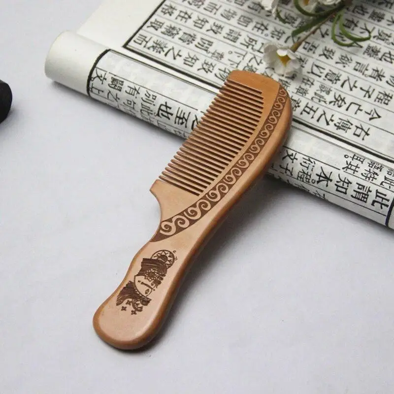 Natural Carved Peach Wood Comb Thickened Wood Comb Curly Massage Hair Comb Anti-static Sandalwood Hairdressing Hair Styling Tool