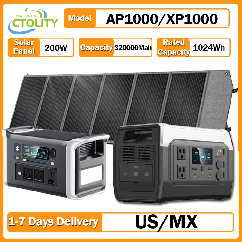 

CTOLITY 1600 Вт электростанция для кемпинга 1024 Втч Lifepo4 110 В переменного тока портативный солнечный генератор 200 Вт 20,5 В USB TYPE-C гибкая солнечная панель
