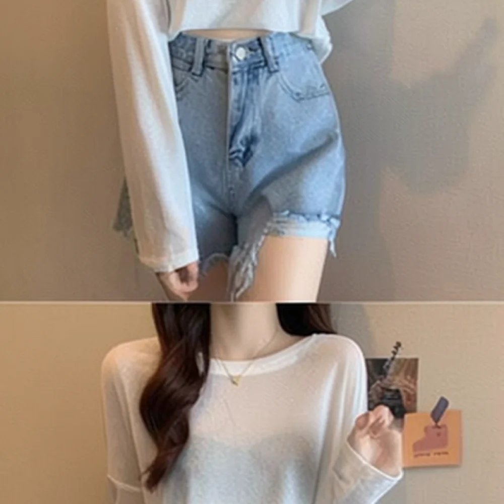 Ladies Ribbed Long Sleeve T Shirt Ice Silk Breathable Sun Protection Blouse Loose Fit Casual Tee Comfortable Summer Top