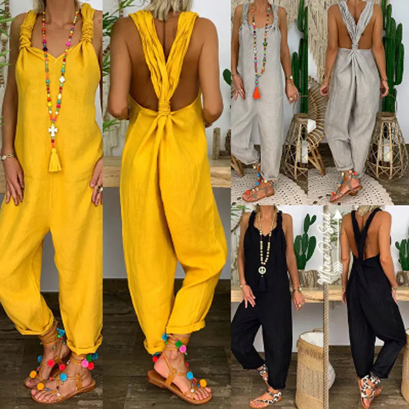 

Women Cotton Linen Strap Sleeveless Loose Casual One Piece Jumpsuit Bib Long Pants