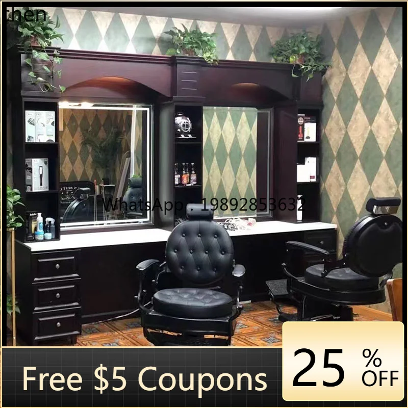 LYY   retro barber shop mirror table barber shop hair cutting solid wood mirror with lamp for men's hair salon