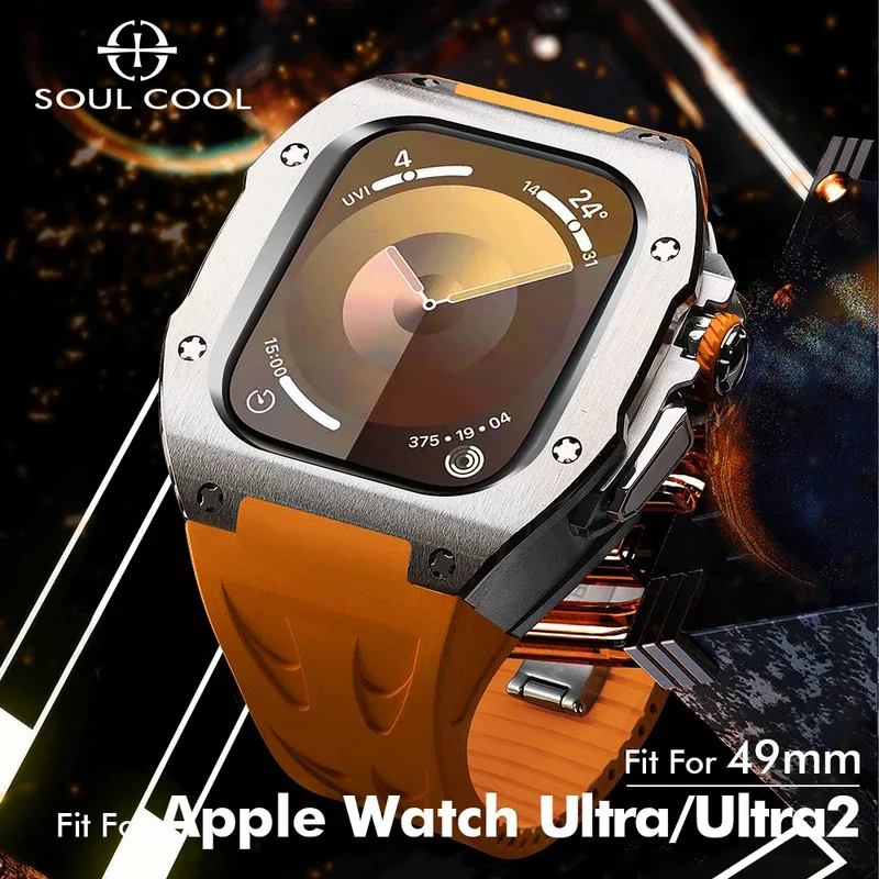 Титановый чехол Soul Cool для Apple Watch Ultra 3/2/1, 49 мм, комплект модификации iWatch, фторкаучуковый ремешок, высококачественная роскошь Титановый чехол Soul Cool для Apple Watch Ultra 3/2/1, 49 мм, комплект модификации iWatch, фторкаучуковый ремешок, высококачественная роскошь