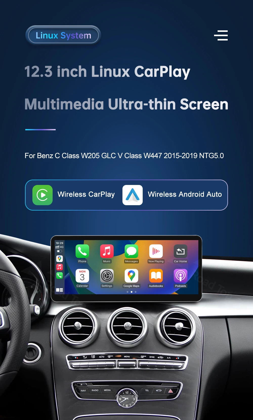Multimedia-Display für Benz C-Klasse W205 GLC V-Klasse W447 2015-2019 NTG5.0 Touchscreen Wireless Carplay Navigation Android Auto – Detail 1