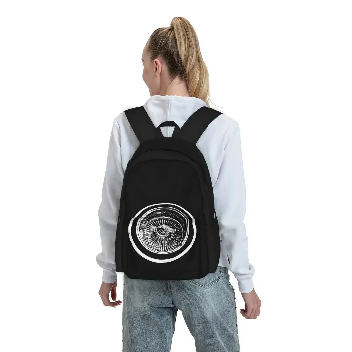Lowrider Wire Wheel Knockoff Engraved Car Show Large Capacity Backpack Travel Schoolbag Personalised Riding Backpack