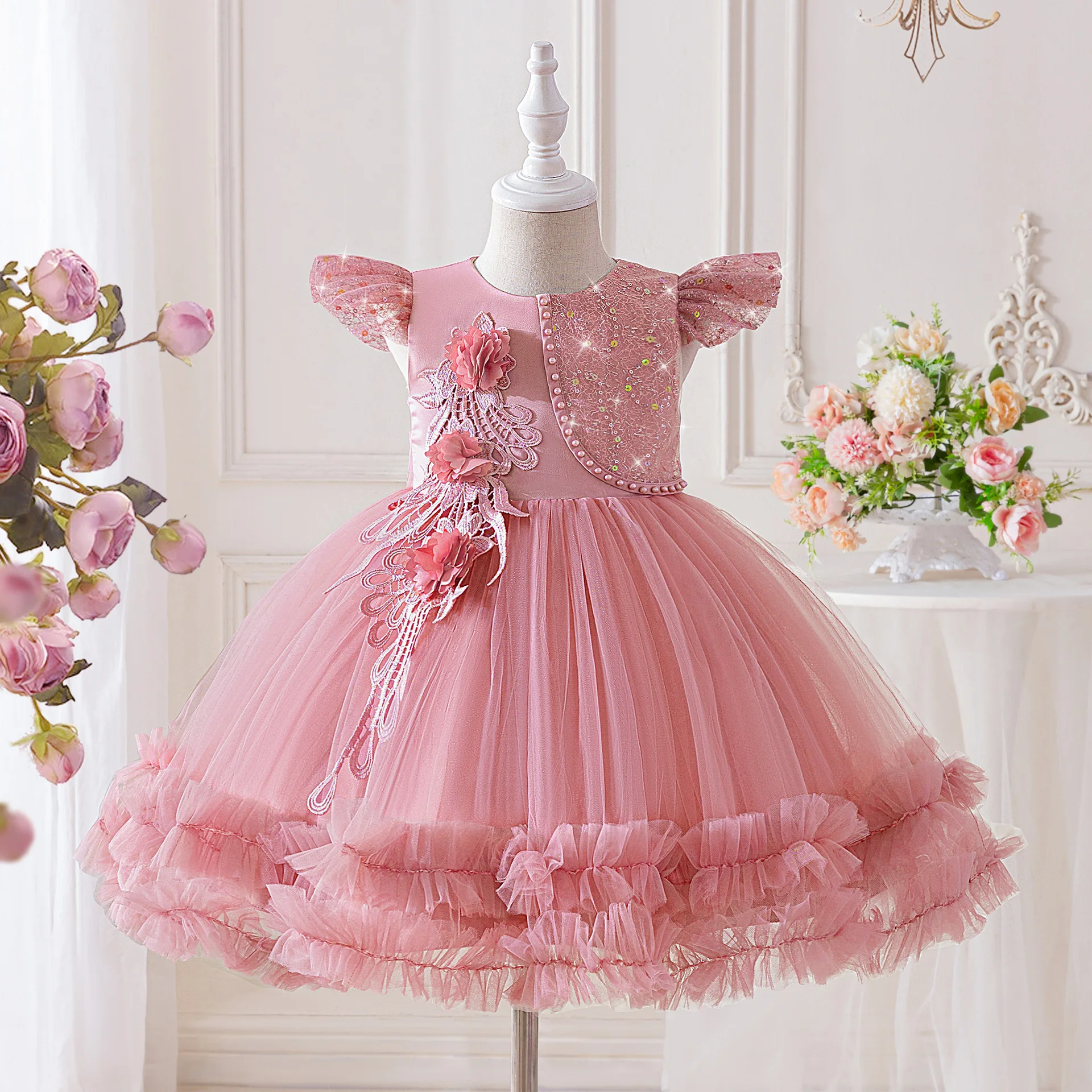 

Flower Girls Pink Sleeveless Sequins Beading Princess Dress For Children Birthday Party Pageant Wedding Prom Ceremony Puffy Gown