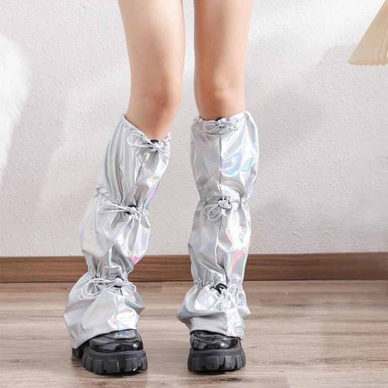 Frauen Harajuku Punk Holographische Bein Wärmer Kordelzug Knie Länge Bein Abdeckung Socke – Detail 9