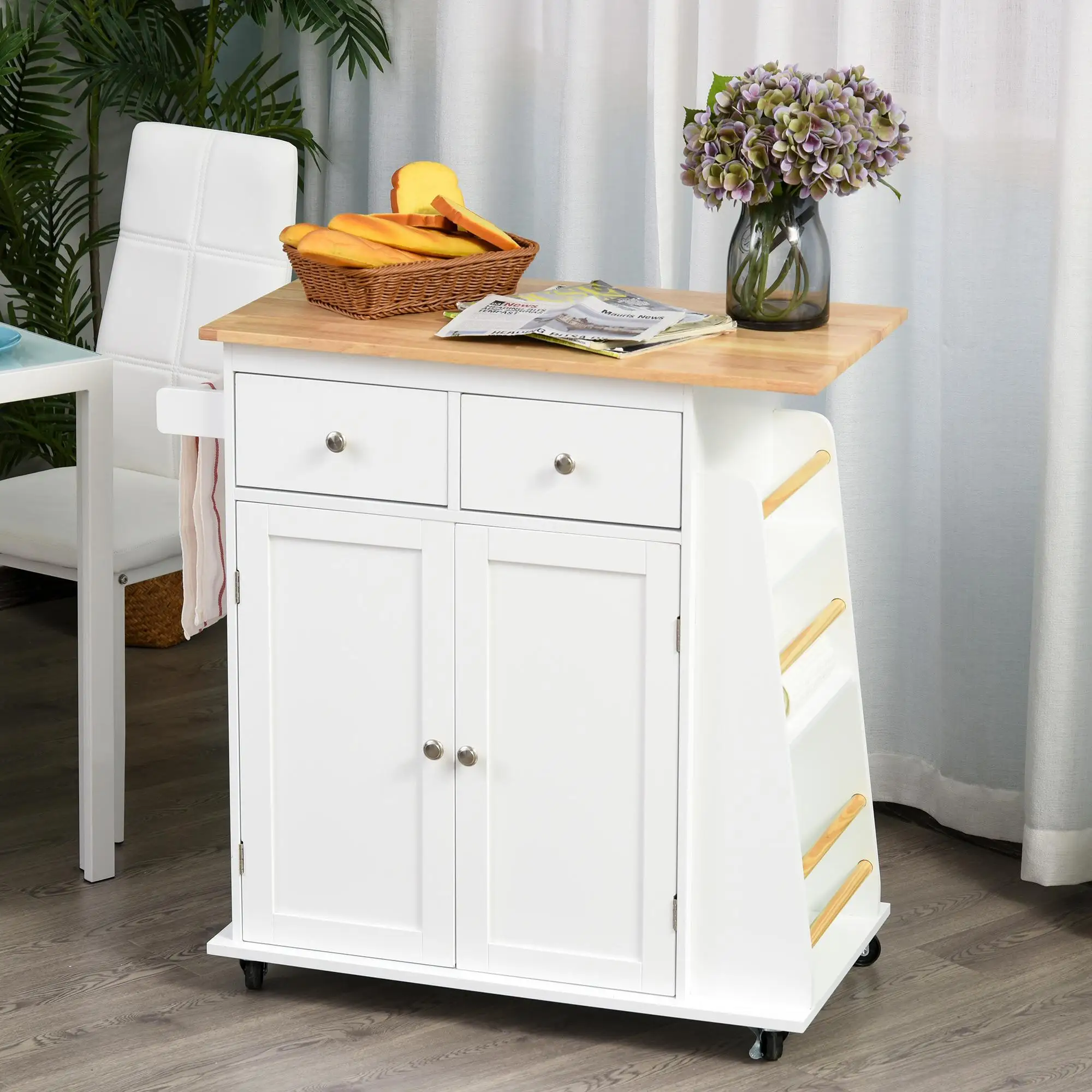 Carrito de Cocina de MDF y Madera de Caucho con 2 Cajones, 2 Puertas, Estante para Especias de 3 Niveles, 89x45x89.5 cm, Blanco