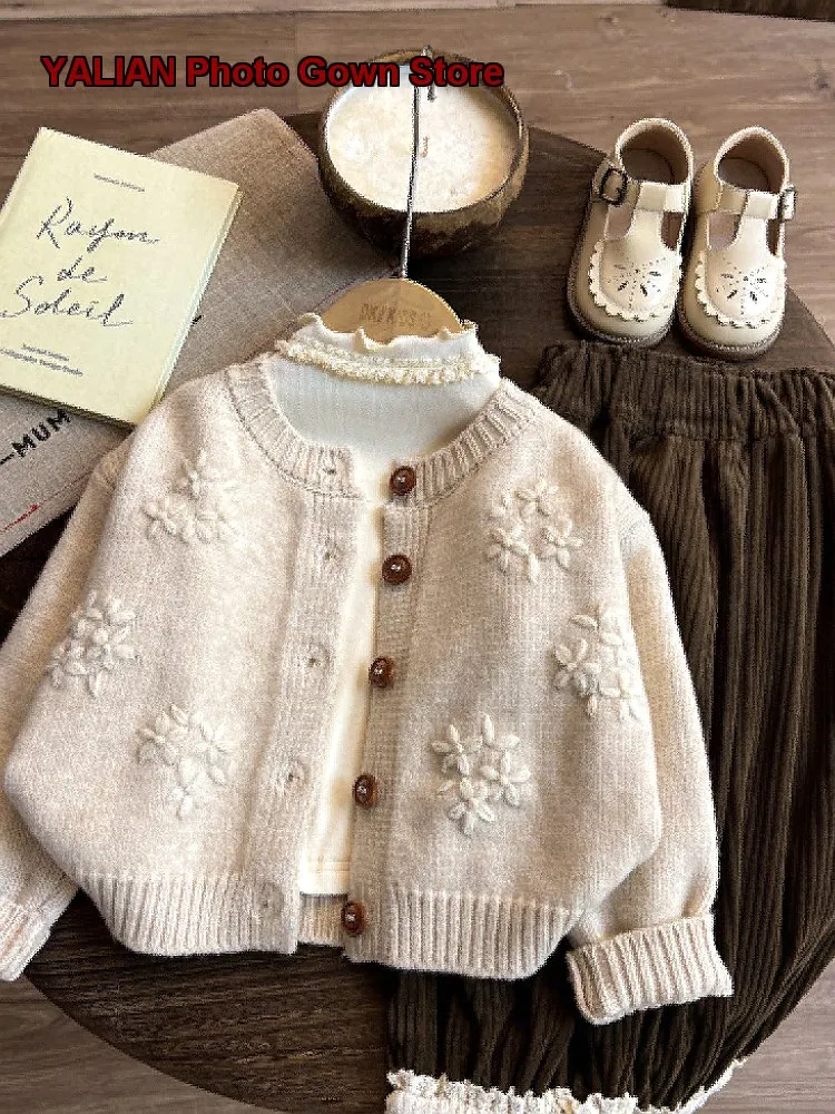 Girls Two-Piece Set Kids Autumn Winter Knit Jacket Dress Solid Color Warm Base Layer Top Pants