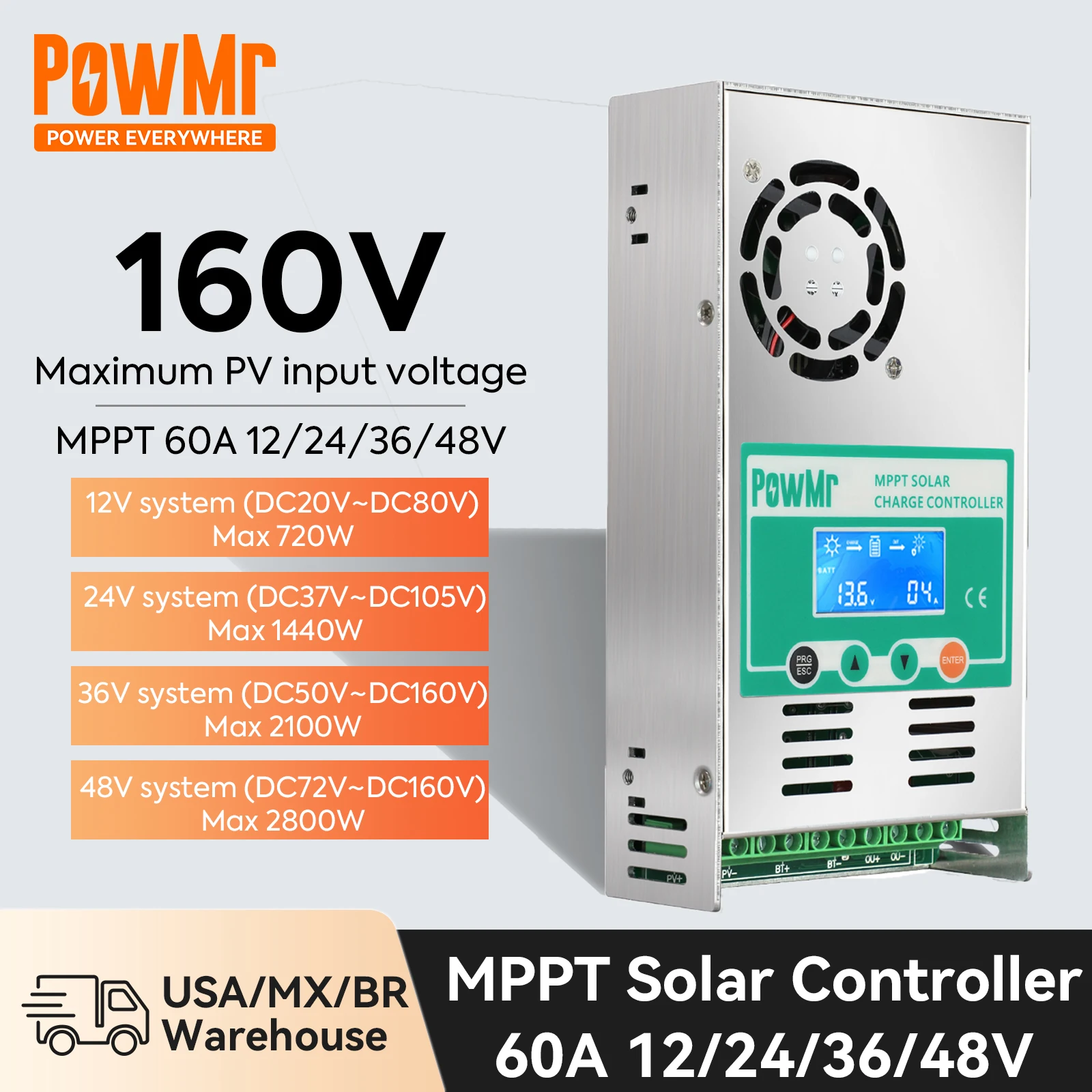 PowMr MPPT 60A คอนโทรลเลอร์ชาร์จพลังงานแสงอาทิตย์ 12V 24V 36V 48V สูงสุด 160V PV อินพุตสําหรับ Lifepo4, แบตเตอรี่ลิเธียม,แบตเตอรี่ตะกั่วกรด